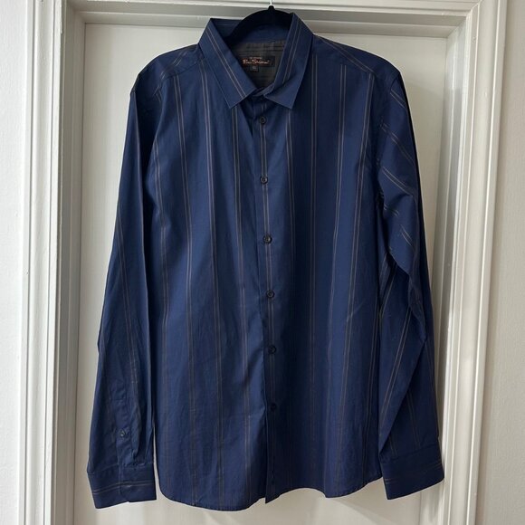Ben Sherman Navy with Bronze Stripes Button Up Dress Shirt, Size XL - Picture 1 of 6